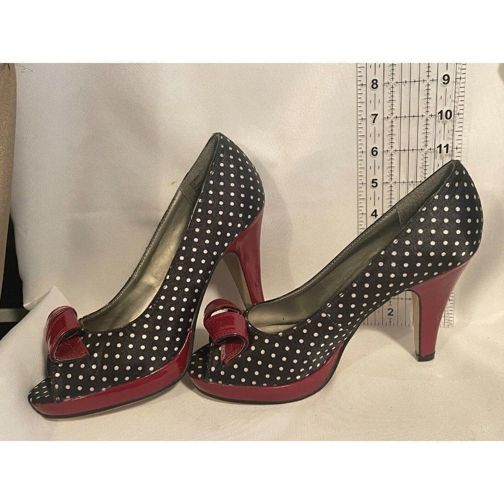 Madden Girl Kiarra‎ Womens Shoes Size 7.5 Black Red Polka Bow Peeptoe Stiletto - Picture 3 of 14